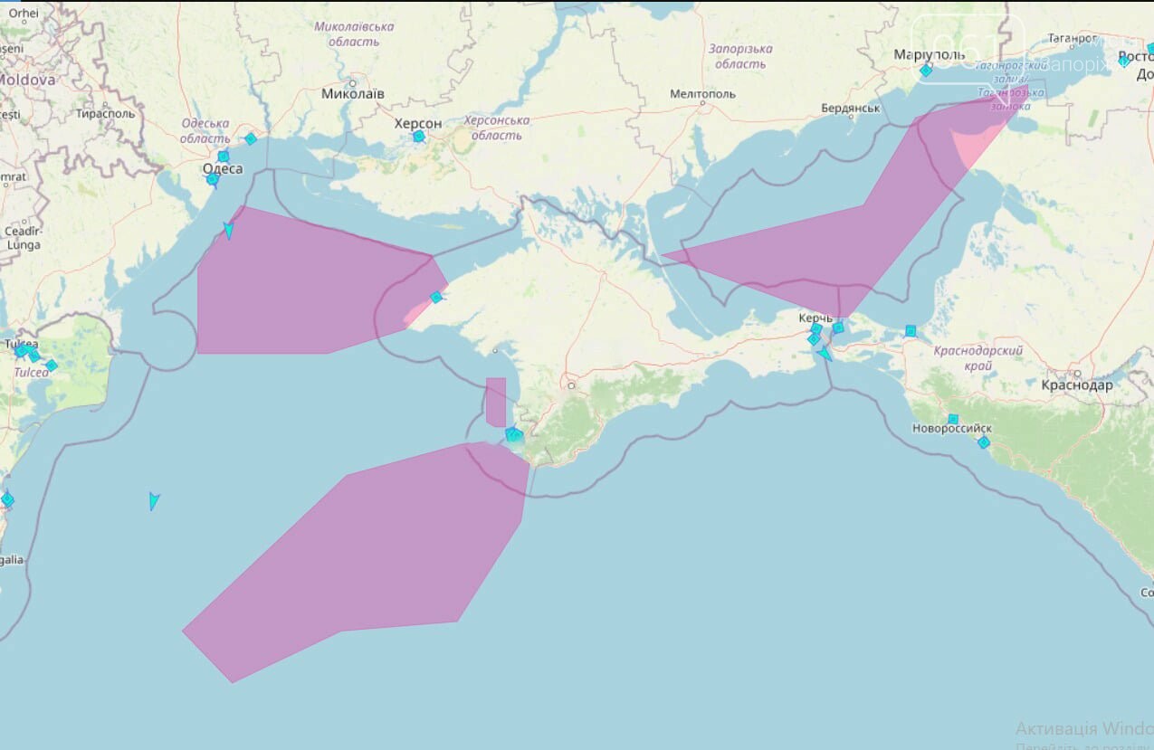 Карта районов проведения учений в Азовском и Черном морях. ВМС Украины.