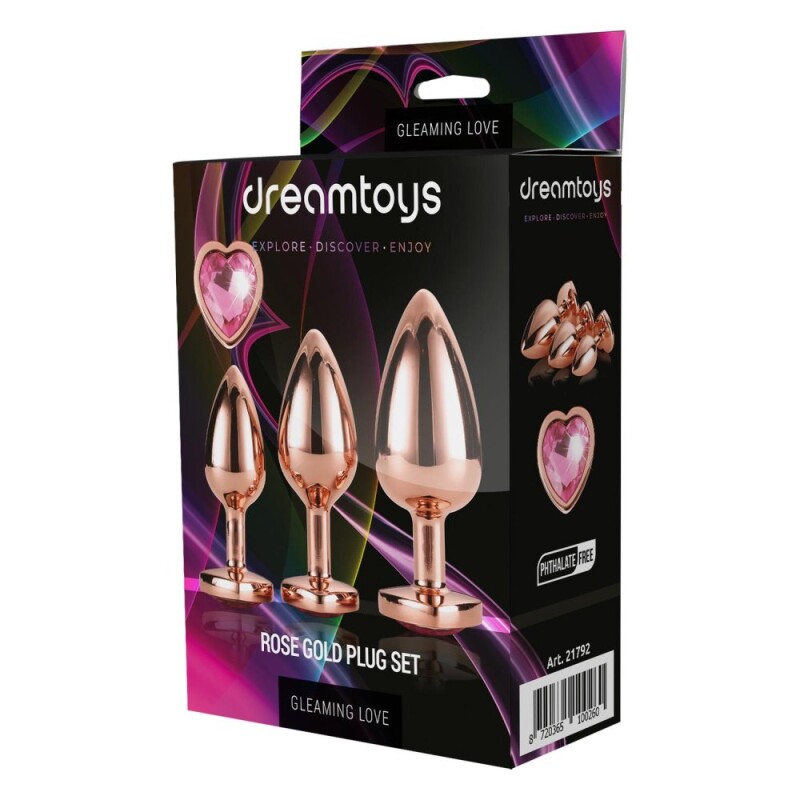 Набір анальних пробок Dream Toys з рожевим каменем, золоті, 3 шт - Изображение 1