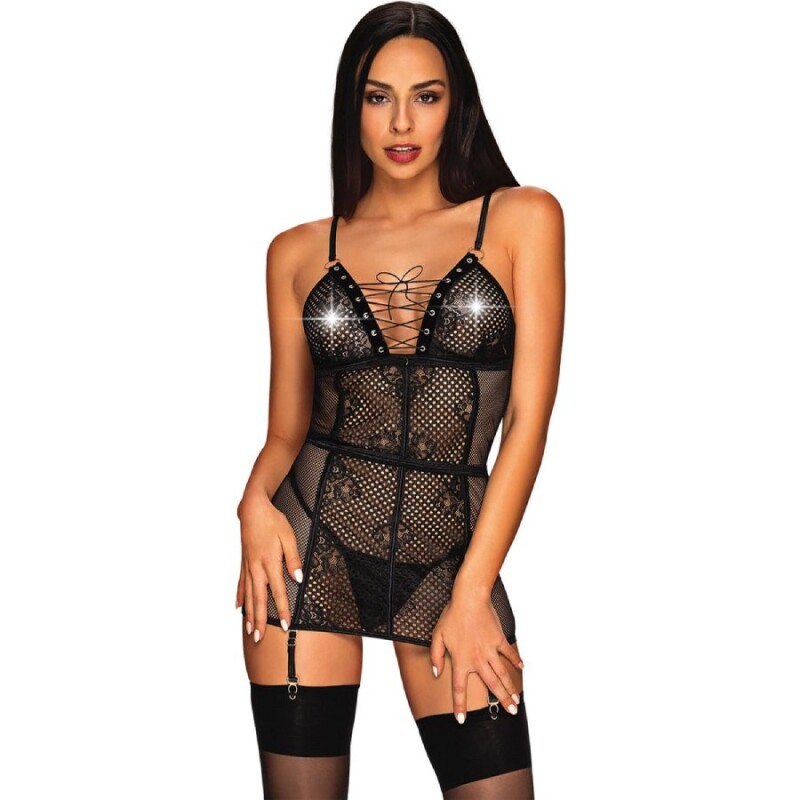 Сорочка в сітку Obsessive Basitta, S/M, зі шнурівкою, чорна - Зображення 3