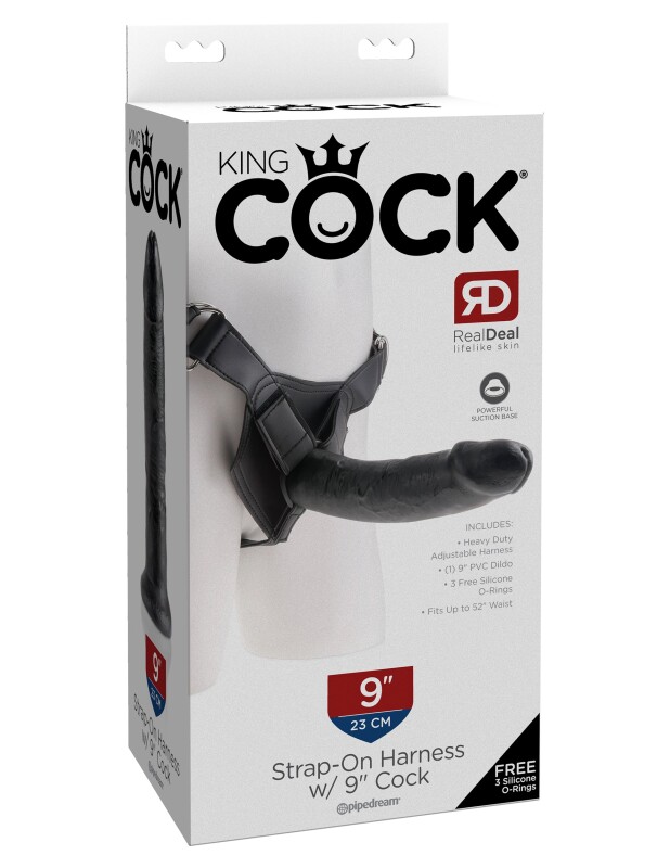 Страпон реалістичний Pipedream King Cock 9 на ременях, чорний, 23 х 5 см