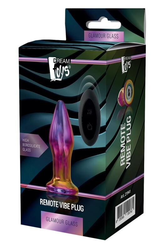 Анальний вібратор Dream Toys Glamour Glass з пультом, скляна, різнокольорова, 11 х 3.8 см - Зображення 1