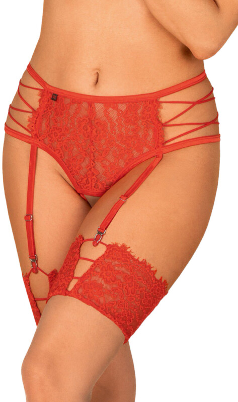 Сексуальні трусики Obsessive Rediosa, L/XL, мереживні, з інтимним вирізом, з пажами для панчіх, червоні - Зображення 3