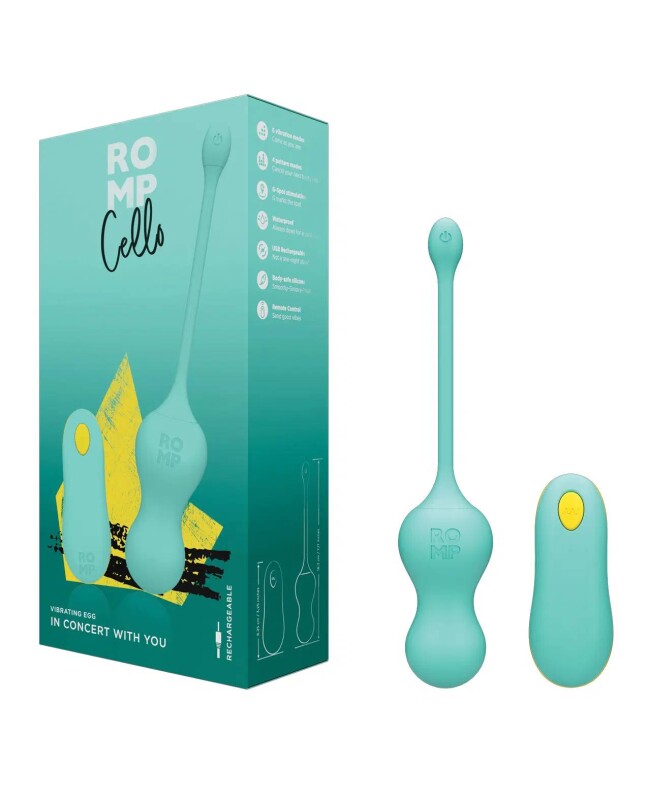 Віброяйце ROMP Cello з пультом із силікону, бірюзовий, 18.2 см х 3.9 см