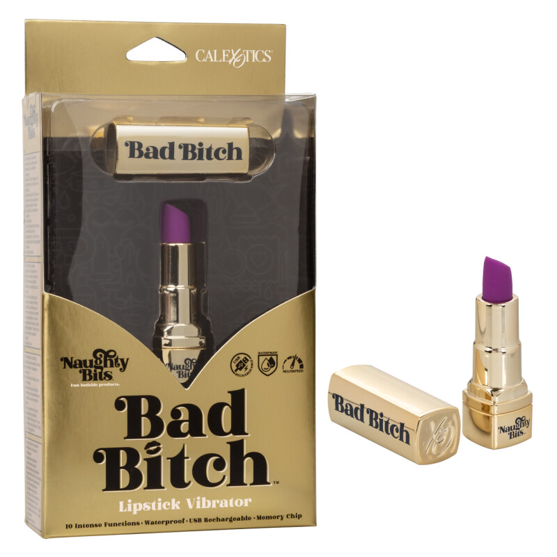 Вібратор у вигляді помади Bad Bitch Lipstick Vibrator, золотий корпус з фіолетовою помадою, 7.5 х 1.25 см