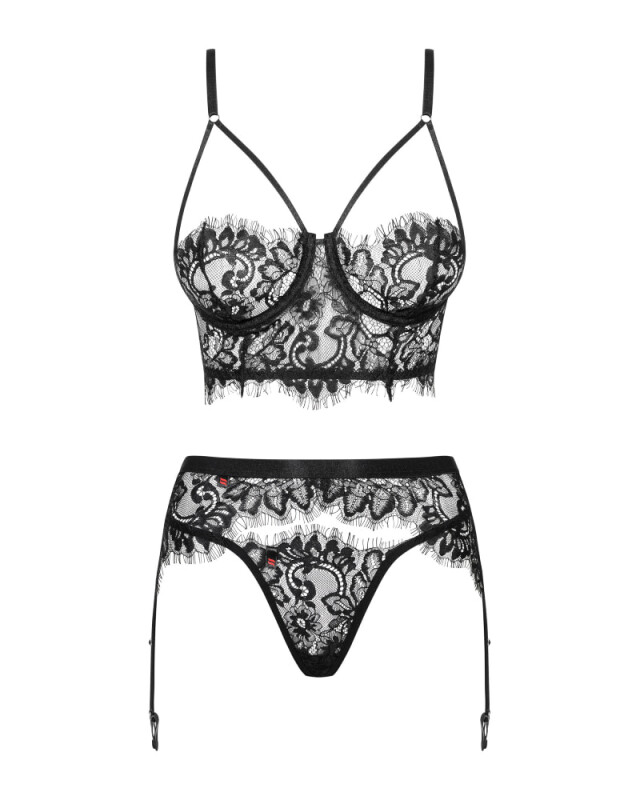 Сексуальний комплект Obsessive Lashy, L/XL, із трьох частин, мереживний, чорний - Изображение 4