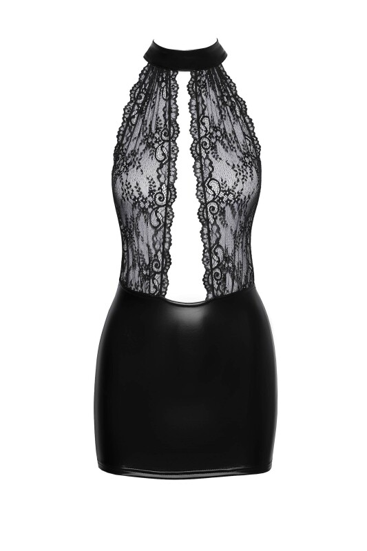 Сексуальна вінілова міні-сукня M F279 Noir Handmade, з мереживом, чорна - Изображение 2