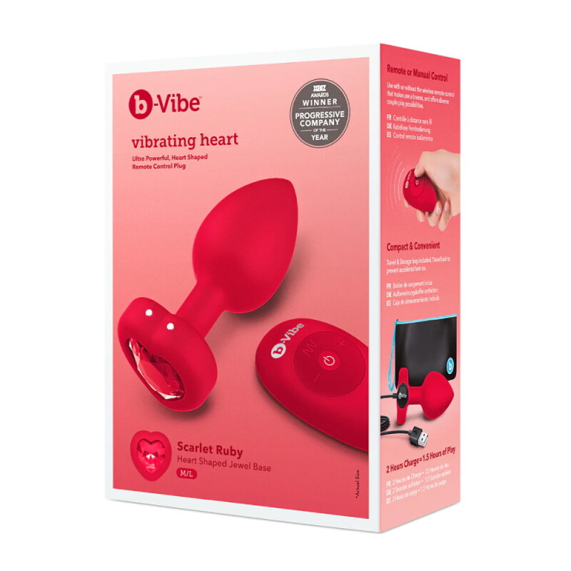 Анальна пробка, M/L, з дистанційним пультом B-Vibe із кристалом у вигляді серця, червона, 9.8 х 3.7 см - Изображение 1