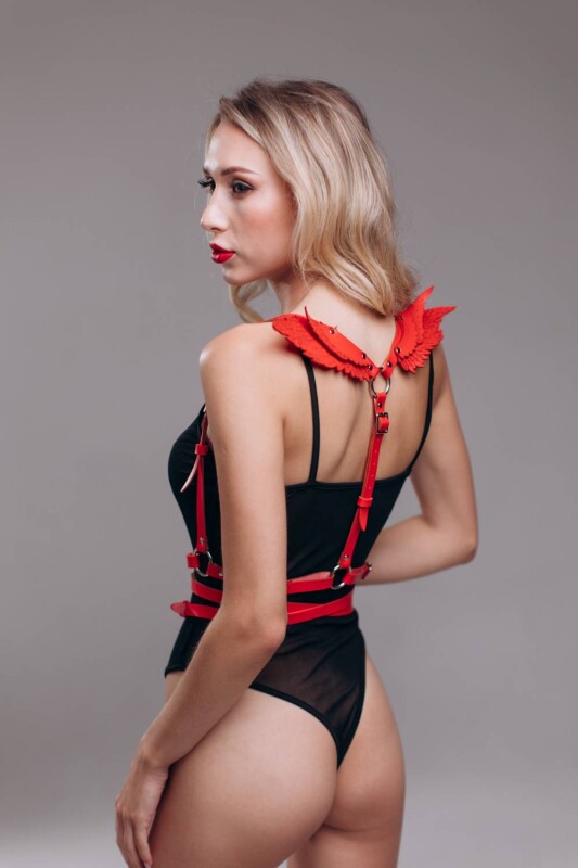 Портупея з крилами One Size Black Angel 2, екошкіра, червона - Изображение 3