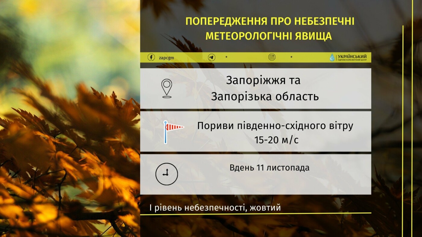 Запоріжців попереджають про пориви вітру 